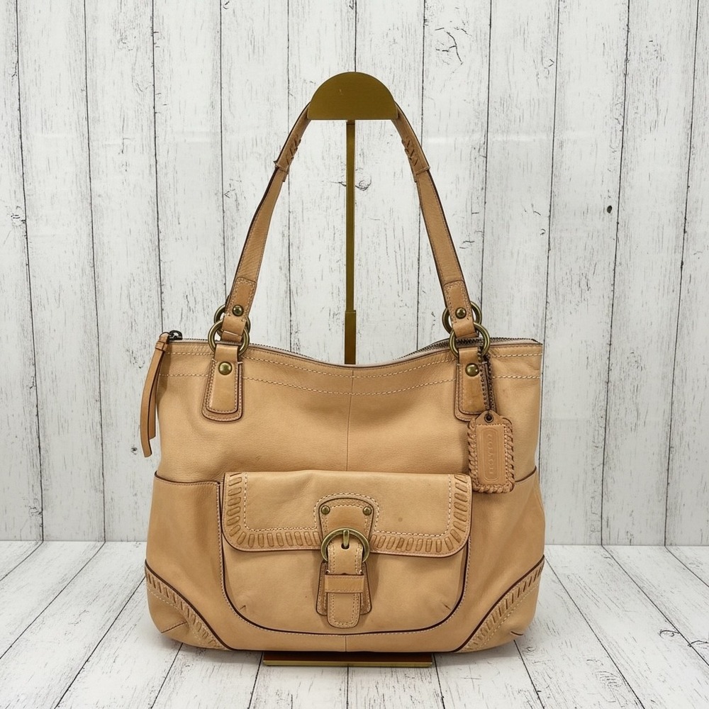 Coach Leather Hobo Shoulder Bag Tan Medium Buckle Flap Pocket